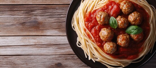 Poster - Spaghetti pasta with meatballs and tomato sauce served on a wooden surface top view. with copy space image. Place for adding text or design