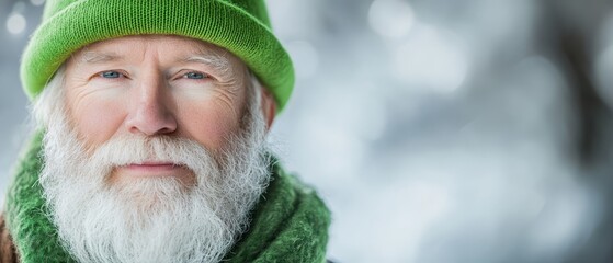  A close-up of a person wearing a green hat and a green scarf draped around his neck