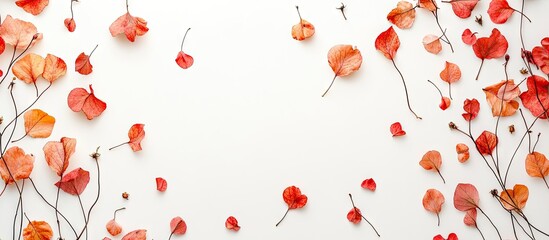 Poster - Autumn floral arrangement Dry leaves on a white backdrop Autumn fall theme Flat lay top view copyspace