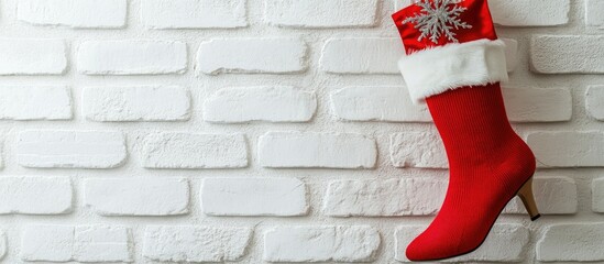 Poster - Glamorous female fashionable red shoe and Santa Claus New Year stocking or sock as Christmas or Xmas decoration and gift shopping package held against a white brick wall background copy space