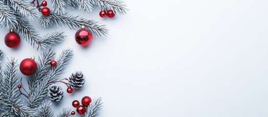 Poster - Winter holidays backdrop on a white background with copy space for text New Year and Christmas postcard Top view