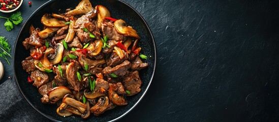 Poster - Japanese oyster mushrooms stir fried with beef and garlic. with copy space image. Place for adding text or design