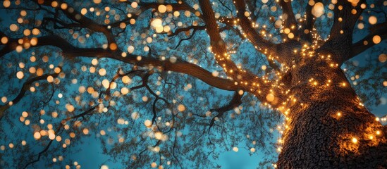 Poster - Decorative lights hang from the large tree creating a beautiful and fresh ambiance at night The theme conveys Christmas or a celebration Copyspace background