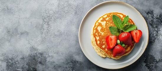Poster - Pancake on a plate with strawberries and mint garnish on a concrete background top view copy space