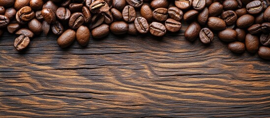 Aufkleber - Coffee beans on a wooden background macro close up for design purposes. with copy space image. Place for adding text or design