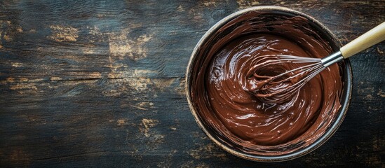 Aufkleber - Homemade delicious chocolate cream in a bowl with a whisk on a dark wooden surface Selective focus copyspace Super brain food idea