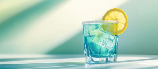Fototapete - Tropical fresh alcoholic cocktail featuring blue curacao liqueur an ice cube a sugar rim and lemon in a misted shot glass set against a softly lit white and pastel green background