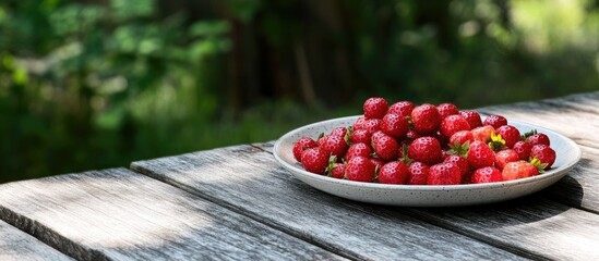 Aufkleber - Ripe red wild strawberries on a plate on an outdoor wooden table. with copy space image. Place for adding text or design