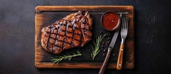 Leinwandbilder - Medium rare grilled beef steak with sauce on a black wooden cutting board accompanied by utensils Copy space flat lay