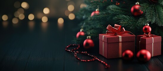 Fototapete - Christmas still life featuring gifts on a black wooden surface alongside a Christmas tree New Year presents. with copy space image. Place for adding text or design