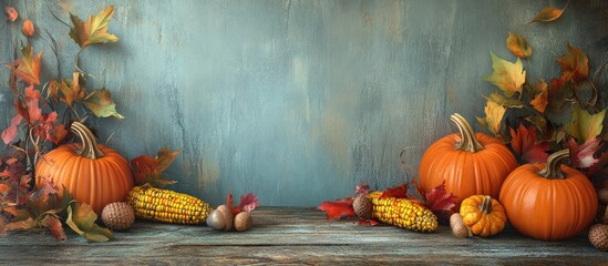 Fototapete - Autumn theme featuring pumpkins corn leaves and acorns on aged wood for Thanksgiving or Halloween holiday ideas. with copy space image. Place for adding text or design