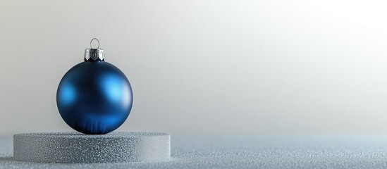 Poster - A blue Christmas bauble sits on a podium against a silver colored background. with copy space image. Place for adding text or design
