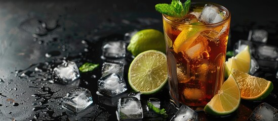 Aufkleber - Refreshing soda drink with ice cubes lime slices and mint on a black table Banner layout with space for text. with copy space image. Place for adding text or design