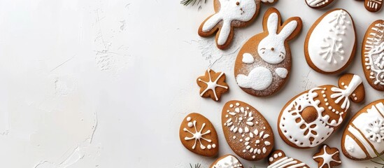 Aufkleber - Gingerbread cookies shaped like eggs and an Easter bunny Concept of a happy Easter holiday background White backdrop top view copyspace available Decorations for holiday celebrations