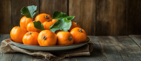 Aufkleber - A plate of fresh persimmons on the table. with copy space image. Place for adding text or design