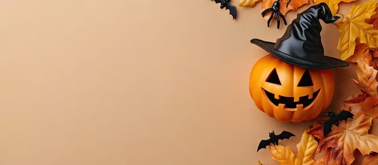 Poster - Halloween decorations against a light brown background Halloween theme Flat lay top view copy space