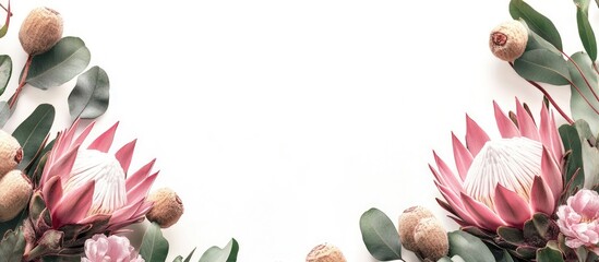 Fototapete - A lovely pink King protea is encircled by Australian native eucalyptus leaves and gum nuts forming a floral border against a white background Room for copy
