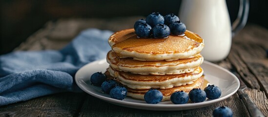 Aufkleber - Delicious cottage cheese pancakes accompanied by blueberries and a milk jug on a rustic wooden surface. with copy space image. Place for adding text or design
