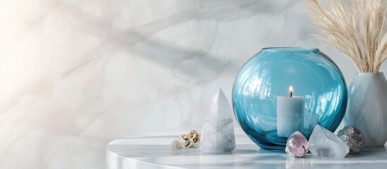 Leinwandbilder - Arrangement of a blue glass vase marble candles and quartz crystals on a white background Minimalist home decor idea. with copy space image. Place for adding text or design