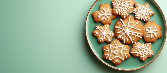 Poster - Plate featuring sweet Christmas cookies on a green background. with copy space image. Place for adding text or design