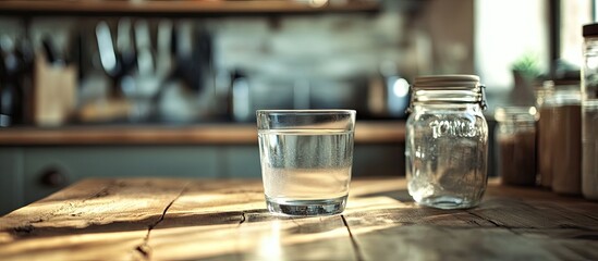 Aufkleber - A glass of clear water and a jar on the kitchen table. with copy space image. Place for adding text or design