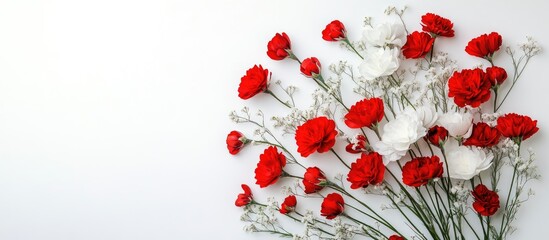 Leinwandbilder - Bouquet of red and white spring blooms on a white background top view. with copy space image. Place for adding text or design