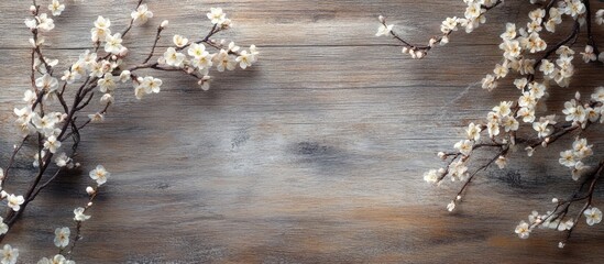 Poster - Lovely blooming branches on a wooden surface. with copy space image. Place for adding text or design