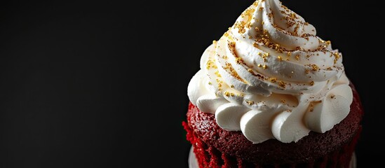 Fototapete - Tasty homemade red velvet cake topped with meringue and mascarpone cream set against a black background Top view copy space