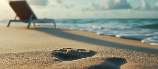 Wall Mural - Sea sand sky and a nostalgic summer day A footprint on a sandy ocean beach during summer A lounge chair on the tropical shore Close up of sand with a blurred sea and sky backdrop summer day copyspac