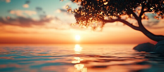 Wall Mural - Defocused beautiful sunset light reflecting on the sea with a silhouette of a tree on the side. with copy space image. Place for adding text or design