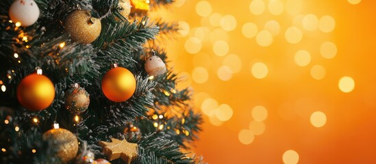 Poster - Christmas tree decorated with toys against a backdrop of orange lights. with copy space image. Place for adding text or design