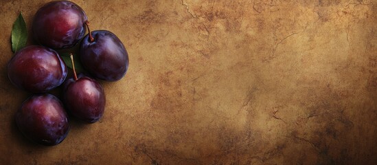 Leinwandbilder - textured vintage paper background featuring plums. with copy space image. Place for adding text or design