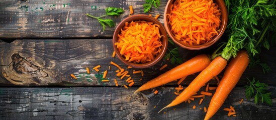 Poster - Grated carrots in clay pots orange carrots on a dark wooden surface grated carrots in a minimalist style rustic vegetables vegetarian item vitamins nutritious food. with copy space image