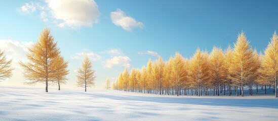 Wall Mural - Larch trees in a snowy field beneath a blue sky. with copy space image. Place for adding text or design