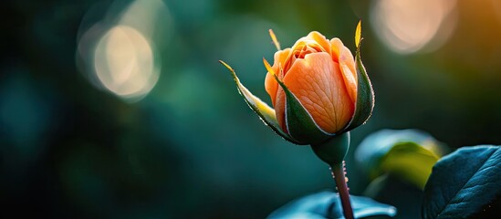 Fototapete - Attractive orange bud of the Westerland rose illuminated by natural sunlight against a dark green backdrop in the garden Vivid orange hue and delightful fragrance Selective focus Nature concept for