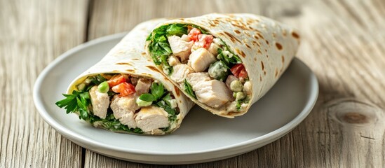 Aufkleber - A healthy chicken salad wrap cut in half and presented on a white ceramic plate against a plain wooden table backdrop. with copy space image. Place for adding text or design
