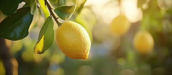 Aufkleber - Lemon hanging on the tree with a blurred background in Oudtshoorn Western Cape South Africa. with copy space image. Place for adding text or design
