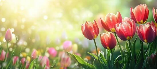 Leinwandbilder - Beautiful bouquet of flowers background Tulips in a summer garden backdrop with copyspace Mockup for a greeting card
