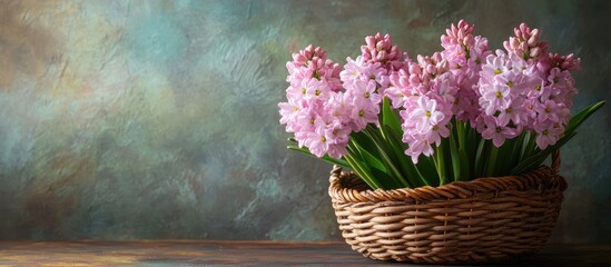 Poster - Pink flowering hyacinths in a wicker basket against a rustic backdrop Spring Easter still life. with copy space image. Place for adding text or design