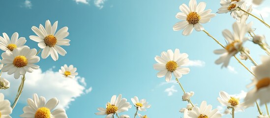 Poster - Daisy flowers viewed from below against a blue sky on a sunny summer day. with copy space image. Place for adding text or design