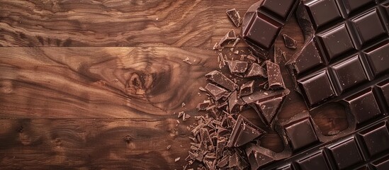 Leinwandbilder - Chopped chocolate on a wooden surface with space for text. with copy space image. Place for adding text or design