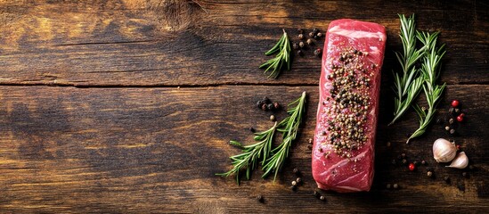 Poster - raw pork tenderloin seasoned with rosemary and pepper on a wooden background meat. with copy space image. Place for adding text or design