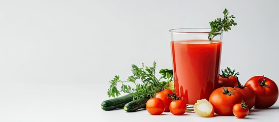 Leinwandbilder - Glass of tomato juice with vegetables set against a white background. with copy space image. Place for adding text or design
