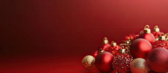 Poster - Red background for New Year and Christmas featuring red and gold ornaments. with copy space image. Place for adding text or design