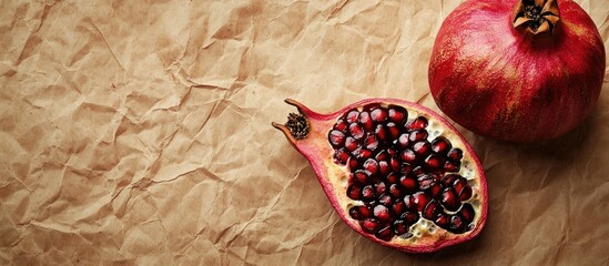 Poster - Textured vintage paper background featuring a halved pomegranate. with copy space image. Place for adding text or design