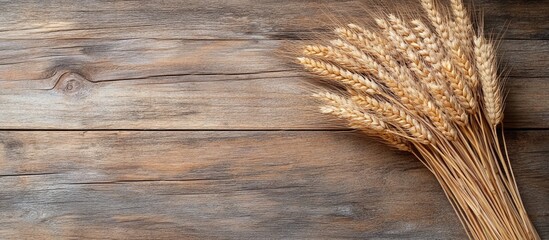 Poster - Wheat spikes bouquet on a rustic wooden background with copy space for your design representing harvesting and eco food concepts closeup flat lay overhead top view