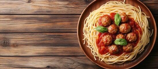 Poster - Spaghetti pasta with meatballs and tomato sauce served on a wooden surface top view. with copy space image. Place for adding text or design
