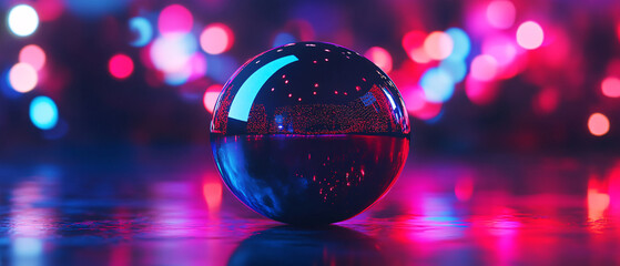 Reflective Sphere with Colorful Bokeh Lights in Abstract Background, Reflective Sphere with Colorful Bokeh Lights in Abstract Backgro