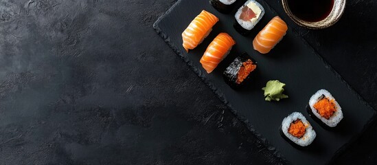 Leinwandbilder - Top view of various sushi pieces on a black slate plate accompanied by a bowl of sauce. with copy space image. Place for adding text or design