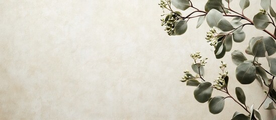 Poster - textured antique paper background featuring a flowering Eucalyptus camaldulensis branch. with copy space image. Place for adding text or design